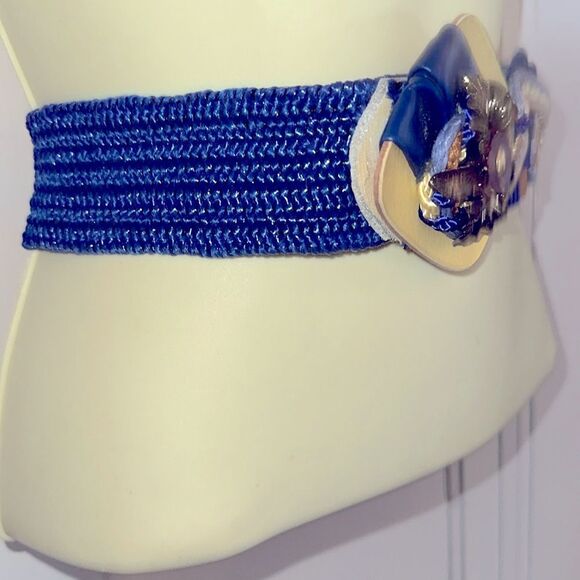 Vtg 80s/90s layered blue, yellow & tan elastic stretch belt/brass floral detail - Picture 3 of 6